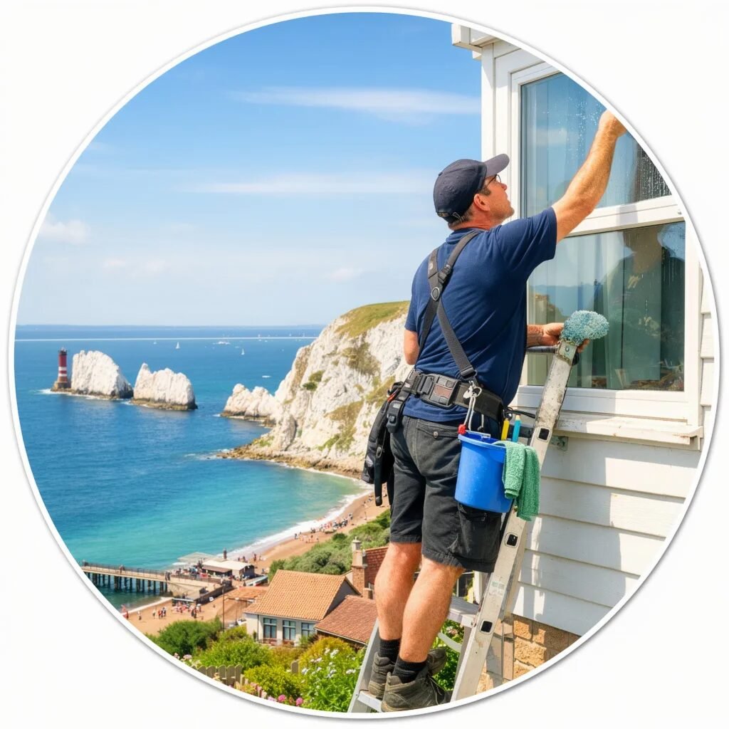 window cleaner isle of wight working on a window with the needles in the bckground